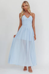 The Dreamers Ruched Basque Waist Maxi Dress Blue