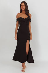 Rider Off-Shoulder Front Split Maxi Dress Black