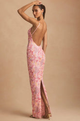 Embellished Scoop-Neck Backless Maxi Dress in Pink