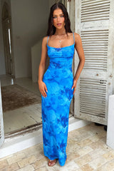 Nadine Lace-Up Back Maxi Dress - Blue Floral