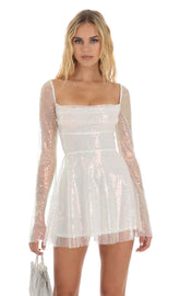 Iridescent Sequin Flare Dress in White