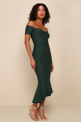 How Much I Care Dark Green Off-the-Shoulder Midi Dress