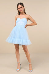 Lovely Flirtation Light Blue Tulle Strapless Bustier Mini Dress