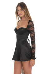 Satin Lace Sleeve Dress in Black