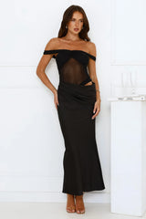 Silent Dreams Mesh Satin Off Shoulder Maxi Dress