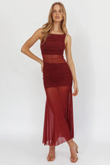 Sade Sheer Panel Ruched Maxi Dress Wine