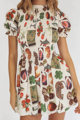 Nia Shirred Puff Sleeve Mini Dress Exotic Print Beige