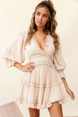 Laney Cutout Back Balloon Sleeve Dress Beige