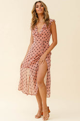 Karina Frill Neckline Midi Dress Polka Dot Print Rust