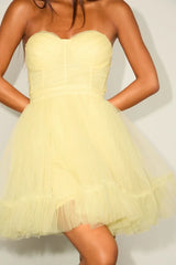 Lovely Flirtation Yellow Tulle Strapless Bustier Mini Dress
