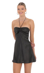 Flower Satin Halter Dress in Black