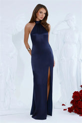 Effortless Luxe Halter Satin Maxi Dress Navy
