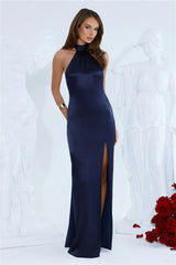 Effortless Luxe Halter Satin Maxi Dress Navy
