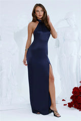 Effortless Luxe Halter Satin Maxi Dress Navy