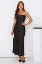 Romantic Tales Satin One Shoulder Maxi Dress Black
