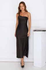Romantic Tales Satin One Shoulder Maxi Dress Black