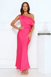 Late Night Luxe Off Shoulder Satin Maxi Dress Pink