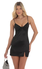 Satin Front Bow Dress in Black