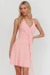 Belize Nights Ruffle Trim Halter Neckline Mini Dress Pink
