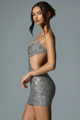 Embellished Cut-Out Mini Dress in Silver