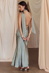 Italia Azure Halterneck Maxi Dress Khaki