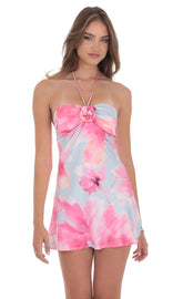 Floral Satin Halter Dress in Pink and Blue