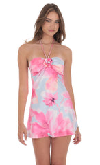 Floral Satin Halter Dress in Pink and Blue