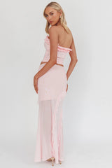 Frosted Sugar Ruffle Trim Split Midi Skirt Pink