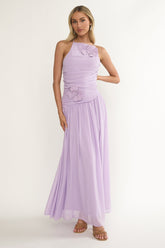 Brighten Drop Waist Flower Accent Maxi Dress Lilac