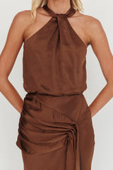 Linette Halterneck Draped Sash Maxi Dress Chocolate