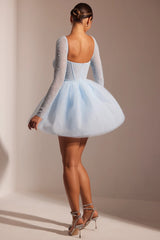 Embellished Long Sleeve Tulle Skirt Mini Dress in Blue