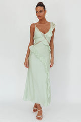 La Estrella Ruffle And Lace Trim Maxi Dress Sage
