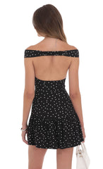Polka Dot Off Shoulder Drop Waist Dress in Black