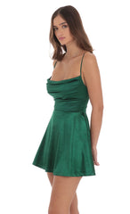 Satin Cowl Neck Dress in Dark Green