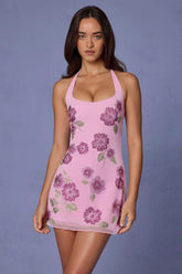 Embellished Halterneck Mini Dress in Soft Pink