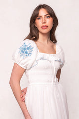 Mae Dress in White with Blue Floral