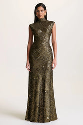 Cecy | Khaki Sequin High-Neck Maxi Dress With Cap Sleeves
