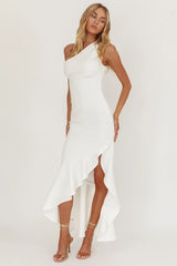 Lights On One-Shoulder Split Ruffle Hem Maxi Dress White