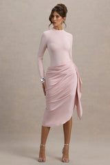 Raffie | Pink Long-Sleeve Midi Dress With Satin Wrap Skirt