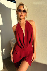 Cleo Plunge Cowl Neck Mini Dress - Burgundy