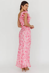 Deanna One-Shoulder Ruffle Midi Dress Floral Pink