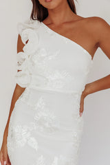 Deanna One-Shoulder Ruffle Maxi Dress Floral Texture White