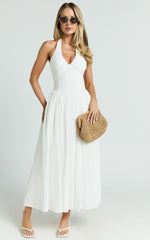 Athena Midi Dress Halter Drop Waist Dress in White