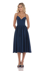 Corset V-Neck Midi Dress in Navy
