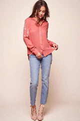 Issa Floral Sleeved Button Up Top Rust