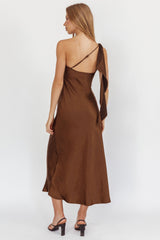 Carmel One-Shoulder Sash Maxi Dress Chocolate