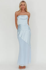 Moon Aura Pleat Detail Strapless Maxi Dress Blue