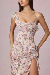 Asymmetric Ruffled Lace-Up Gown in Primrose Floral Print