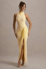 Sunflower | Pale Lemon Ruched High-Neck Split Maxi Dress