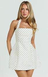 Dante Mini Dress Halter Neck Tie Tulip Skirt Dress in White Polkadot